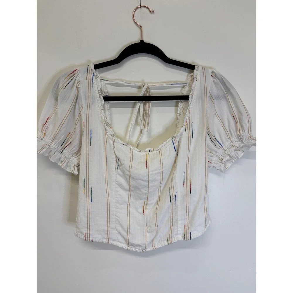 Free People White Striped Smocked Back Puff Sleeve Crop Blouse Medium boho